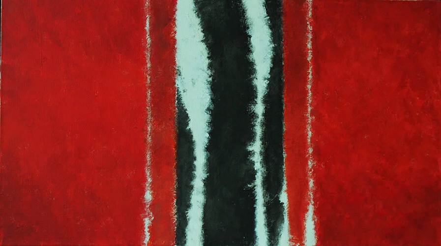 Dreamed IV, 2009, Acrylic on canvas, 26" x 46" Horizontal colorfield abstraction with red dominating, black and white river running through middle.