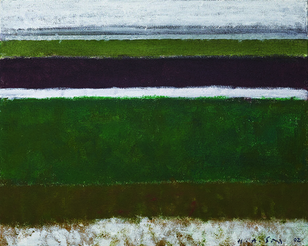 Early Spring, 2002, Acrylic on canvas, 29" x36" Colorfield abstraction with green dominating, olive in the lower part and navy and white in the upper part.