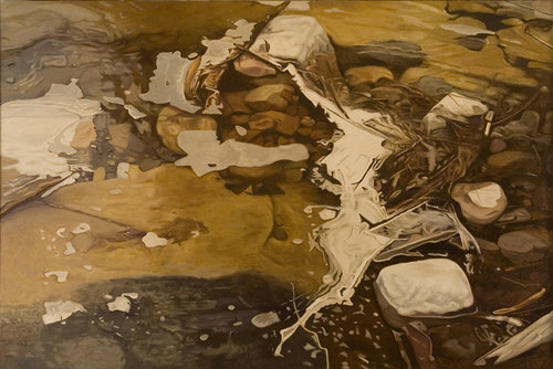 Clogged Stream II, 1978, Oil on Linen, 40" x 60" monochromatic reflected stream pool in gold with white foam against rocks damming up the stream