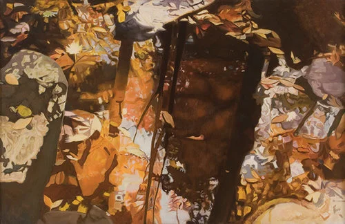 In the Woods, 1987, Oil on linen, 26" x 40" Monochromatic reflected stream in tones of brown and yellow, leaves, reflected trees, and white rocks in background.