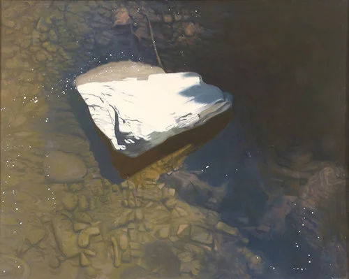 Last Snow, 1978, Oil on linen, 40" x 50" Monochromatic reflected stream pool in browns with one snow-topped rock in the middle.