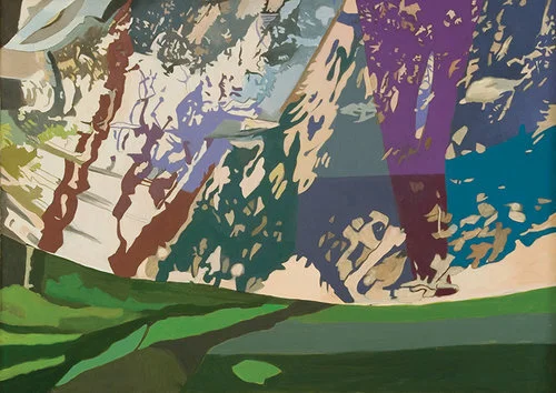Flurries, 1996, Oil on Linen, 36" x 50" Abstract apple tree with cheese cloth net refracting beige,brown,green , blue light patterns through the leaves with purple tree trunk and green foreground.