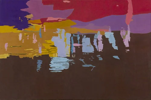 Dark River Bottom, 1997, Oil on Linen, 40”x60” Simplified abstract reflected stream pool foreground brown, with spots of blue , background yellow, red and purple.