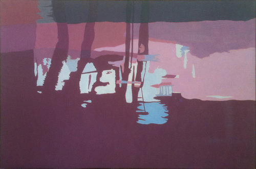 Red Stream II, 1997, Oil on Linen, 40”x60” Simplified abstract monochromatic reflected stream pool in purple and violet with middle blue spot and reflected trees.