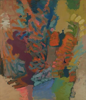 Eros, 1960, Oil on linen, 84" x 72" Expressionist action painting with swirls and dashes of green, orange, blue, purple throughout.