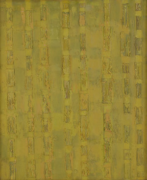 Compassion-Theme-Box Lids, 1956, Oil on linen, 44" x 36" monochromatic panel painting in yellow with box lids