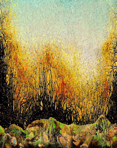 Fall at Moss Creek , 2019, Chemigram, 29.5” x 25.5”(Framed) 20” x 16” (Wo/Frame). Abstract landscape photographic print of brown rocks with green moss in the foreground, yellow trees with thin branches on the horizon with light green sky.