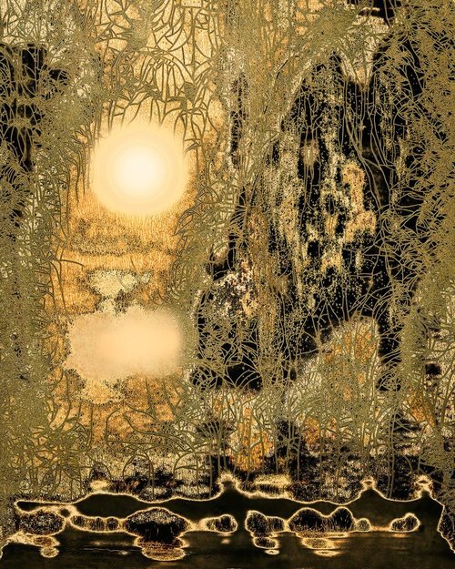 Garden (Edition 3 of 10), 2017, 29.5” x25.5”(Framed)20” x 16” (Wo/Frame) Chemigram. Abstract landscape photographic print of river, trees and sun in thinly fragmented shapes in black and gold color.