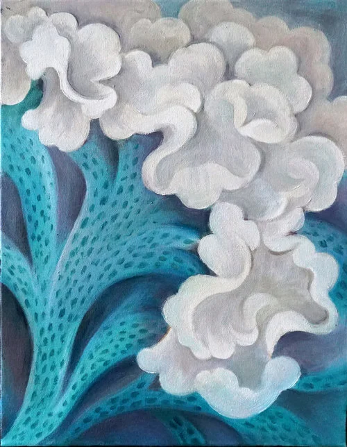 Cockscomb , 2018, Oil on Canvas, 14”x 11”. White abstract cockscombs with green stems and blue background.