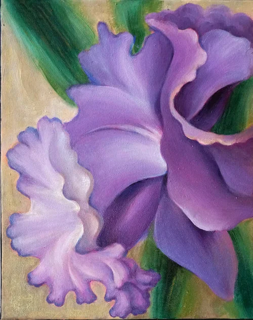 Purple Daffodil , 2018, Oil on Canvas, 14”x 11”. Purple daffodil with green stem and tan background.