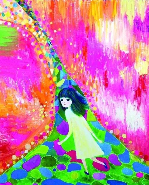 Overture, 2017, Oil on Canvas, 25.7”x 21”. Abstract painting with a child-like figure in the center walking. Green, purple blue alley in the center and bright pink background.