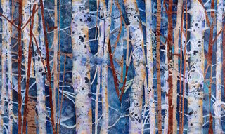Blue Faeries , 2017, Mixed Collage on Canvas, 36" x 60”. Treescape with white and brown tree trunks in blue background.