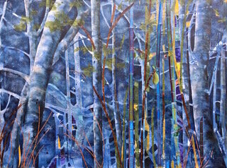 BABA Blue , 2017, Mixed Collage on Canvas, 36” x 48”. Treescape with tree trunks and leaves. Green dominating with green and yellow leaves.