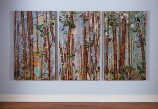 Trunk Show I, II, III , 2017, Mixed Collage on Canvas, 36” x 48”. 3 vertical panels of treescape with brown tree trunks, green leaves with blueish gray background.