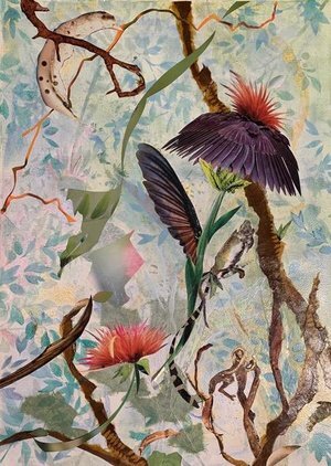 TREE SPIRITS VII , on Paper, 30" x 23.5”. Vertical collage of treescape with branches, flowers, and leaves. Brown trees and green leaves, purple and red flowers on light green background.