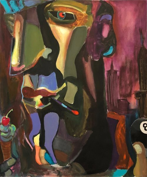 The Good Humor Man (Behind the Eight Ball),2019, 33.75” x 28” x 2”, Acrylic on Canvas. Abstract portraiture of a man with fragmented shapes on cheeks, nose and chin, smoking a cigarette. Purple dominating with green,blue, yellow colors on purple background.