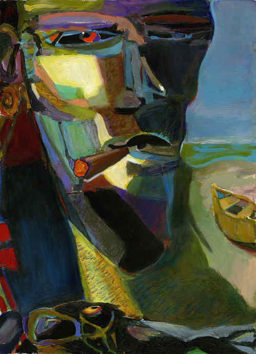 The Fisherman Catch of the Day, 2019, 18" x 14” x 1 1/2” Acrylic on Canvas. Abstract portraiture of a man with triangular shapes on cheeks, nose and chin, smoking a cigarette. Blue dominating with yellow, green, red, black on blue background.