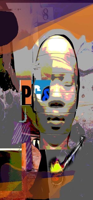 Conflict of Interest , 2019, 150” x 23.75” x 3/4”Digital on Aluminum (Limited edition 3/25). Abstract portraiture of a man in oval face in the center,purple, orange, gray background.
