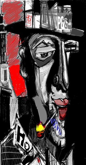 Pacific Gas and Destruction ,2019,48” x 25.5” x 3/4” Digital on Aluminum (Limited edition 4/25). Abstract portraiture of a man with a top hat, smoking a cigarette. Black and white dominating with red, yellow, blue.