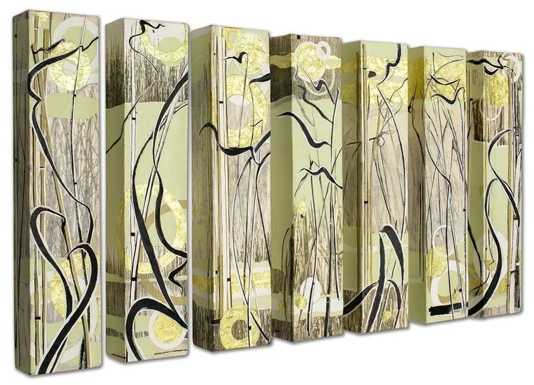 Paper River Landing (7 panels), 2017, 24” x 5” x 3” (SOLD), Ink, art papers, photography and foil on canvas. Abstract drawing and photography of reeds with green, gold and white stripes and circles.