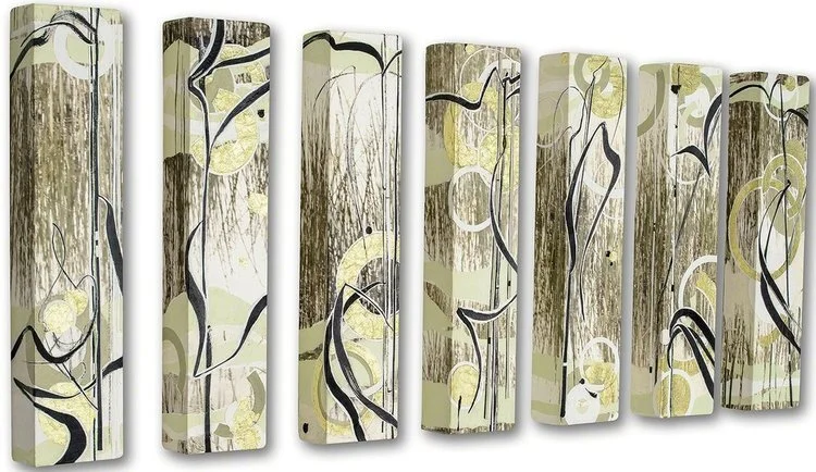 Jacob’s Marsh (7 panels), 2013, 24” x 5” x 3”,Ink, art papers and foil on canvas. 7 panels of abstract photography and drawing based on marsh grasses.