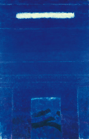 Dream II ,2001, Acrylic on Canvas, 77”x49”. Vertical colorfield abstraction with blue dominating with white rectangle on upper middle and dark blue river running through middle.