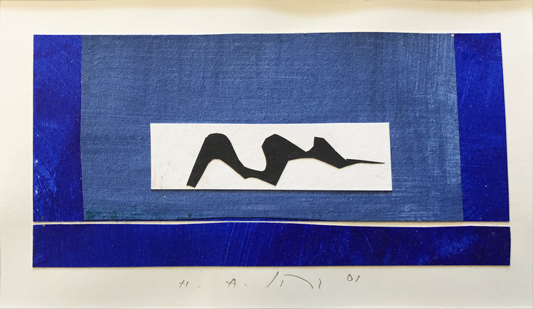 Untitled #2 , 2001, 3.5” x 7.5”, Acrylic on Paper. Horizontal colorfield abstraction on paper with blue dominating, white rectangle in the center and dark black river running through.