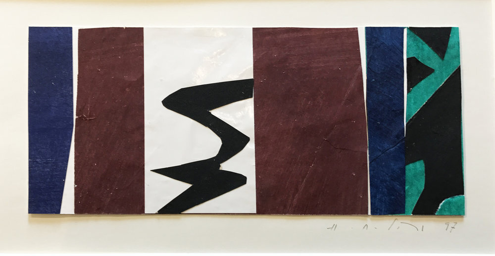 Untitled #2 , 1997,4” x 10”, Acrylic on Paper. Horizontal colorfield abstraction on paper with dark blue, burgundy, black and green color, black river running through middle.