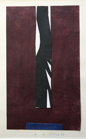Untitled #6 , 2001, 10" x 6”, Acrylic on Paper. Vertical colorfield abstraction on paper with Burgundy dominating and white rectangle in the middle, black river running through and blue rectangle on the lower part.