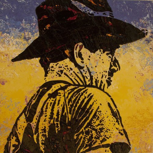 Times of Our Lives , 12” x 12”, Imprints relief paintings on wood panel. woodblock print-like painting with a closeup view of a man in a hat, looking to the right side. Thick black outlines on the figure, yellow and purple background.