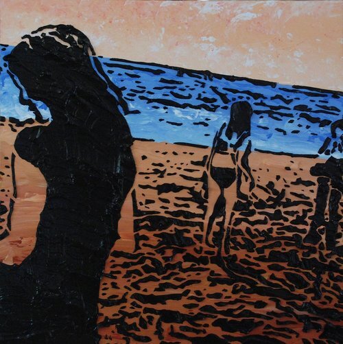 Times of Our Lives , 12” x 12”, Imprints relief paintings on wood panel. woodblock print-like painting of a beach. Thick black outlines on three figures, brown sand in the foreground, blue ocean horizon and tan sky.