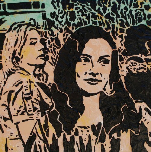 Times of Our Lives , 12” x 12”, Imprints relief paintings on wood panel. woodblock print-like painting of close-up views of two women. Thick black outlines of the figures and background. Tan foreground and green background.