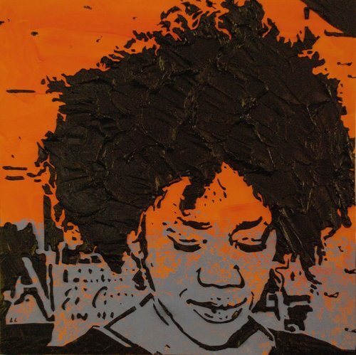 Times of Our Lives , 12” x 12”, Imprints relief paintings on wood panel. woodblock print-like painting of closeup view of a woman. Thick black outlines on the figure and background. Blue color on the foreground and orange background.