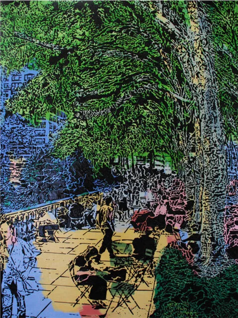 Almost Spring(SOLD), Imprints relief painting on wood panel using oil, wax, gel, 40” x 30”. Woodblock print-like painting with black background portraying shapes of figures and trees. Tannish foreground, green and blueish horizon.
