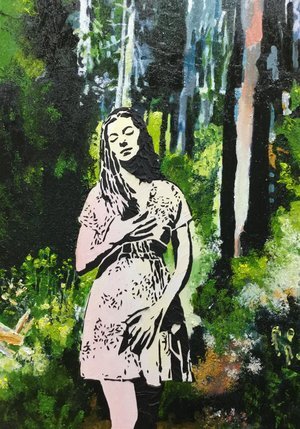 Prima Vera (SOLD), Mixed Media, 30” x 22”. Woodblock print-like forest landscape with a woman. greens, gray blues and rust reds for trees and path.