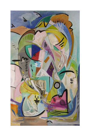 Proof, Sumi Ink, Oil and Graphite on Canvas, 60” x 30”. Vertical abstract painting with Earth tones, blue-green, beige, gray, multitude of intersecting freeform shapes and black curved lines.