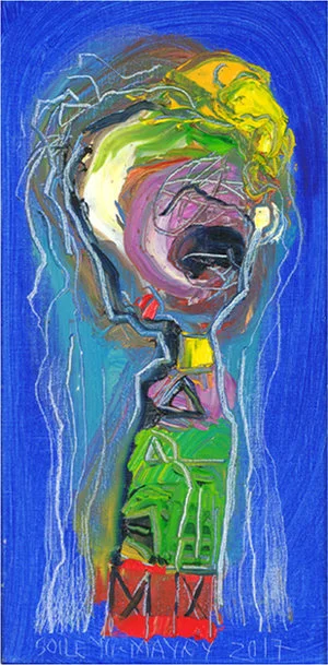 Your Number(SOLD) , 2017 , 15.7” x 8”, Oil on Canvas. Female abstract nordic portraiture with palette-like face and hair, expressionist facial tones, eyes, mouth in bright blue background