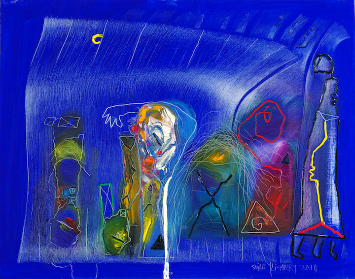 Dream Ash , 2010, 44” x 55”, Oil on Canvas. Female abstract nordic portraitures with palette-like face, hair, body. Expressionist facial tones, eyes, mouth on bright blue background.