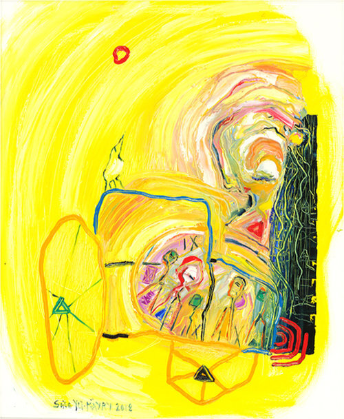 Asphalt Pearl , 2018, 33.5” x 27.6”, Oil on Canvas. Line abstract female nordic portraitures ,yellow background , abstract car.