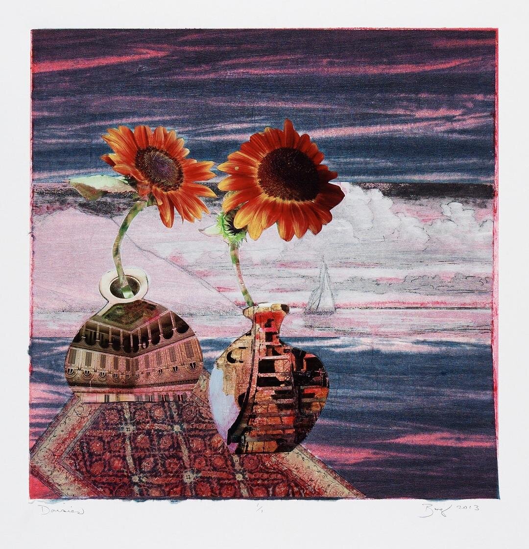 Monotype of two flowers with red, white and black sky