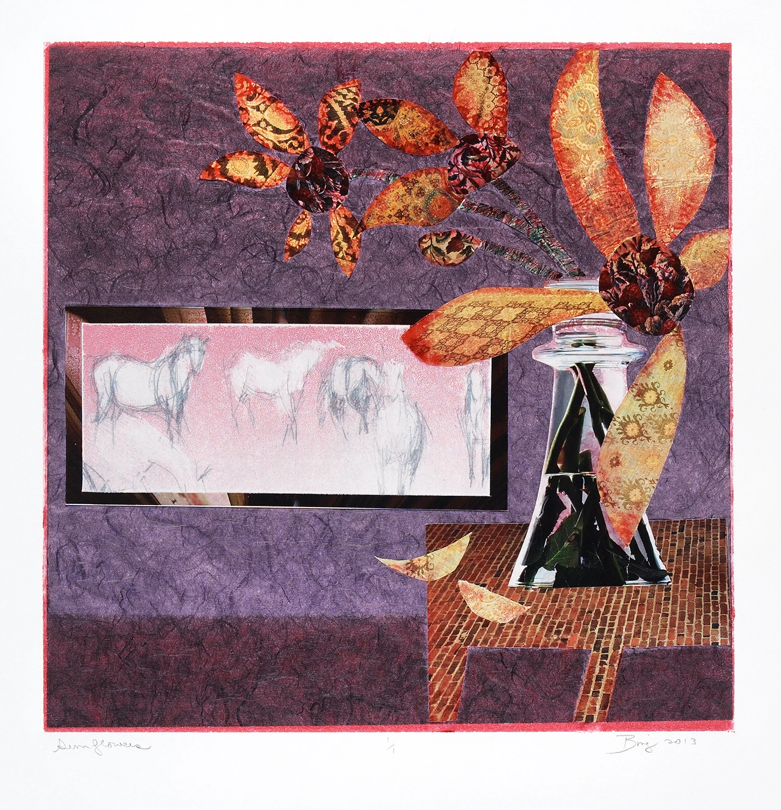 Monotype collage-like print of a purple room with table, flowers and painting on the wall