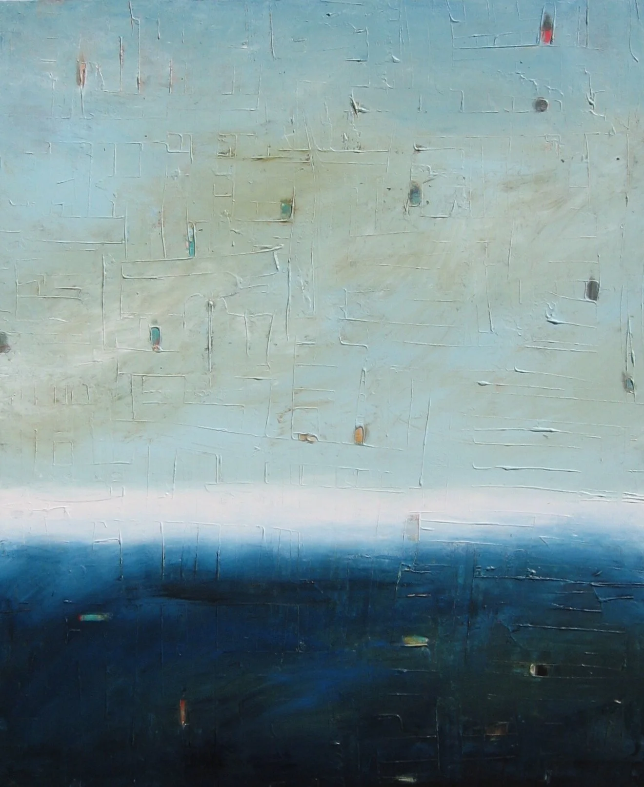 Colorfield vertical abstract seascape deep dark blue foreground and blue, green, white horizon