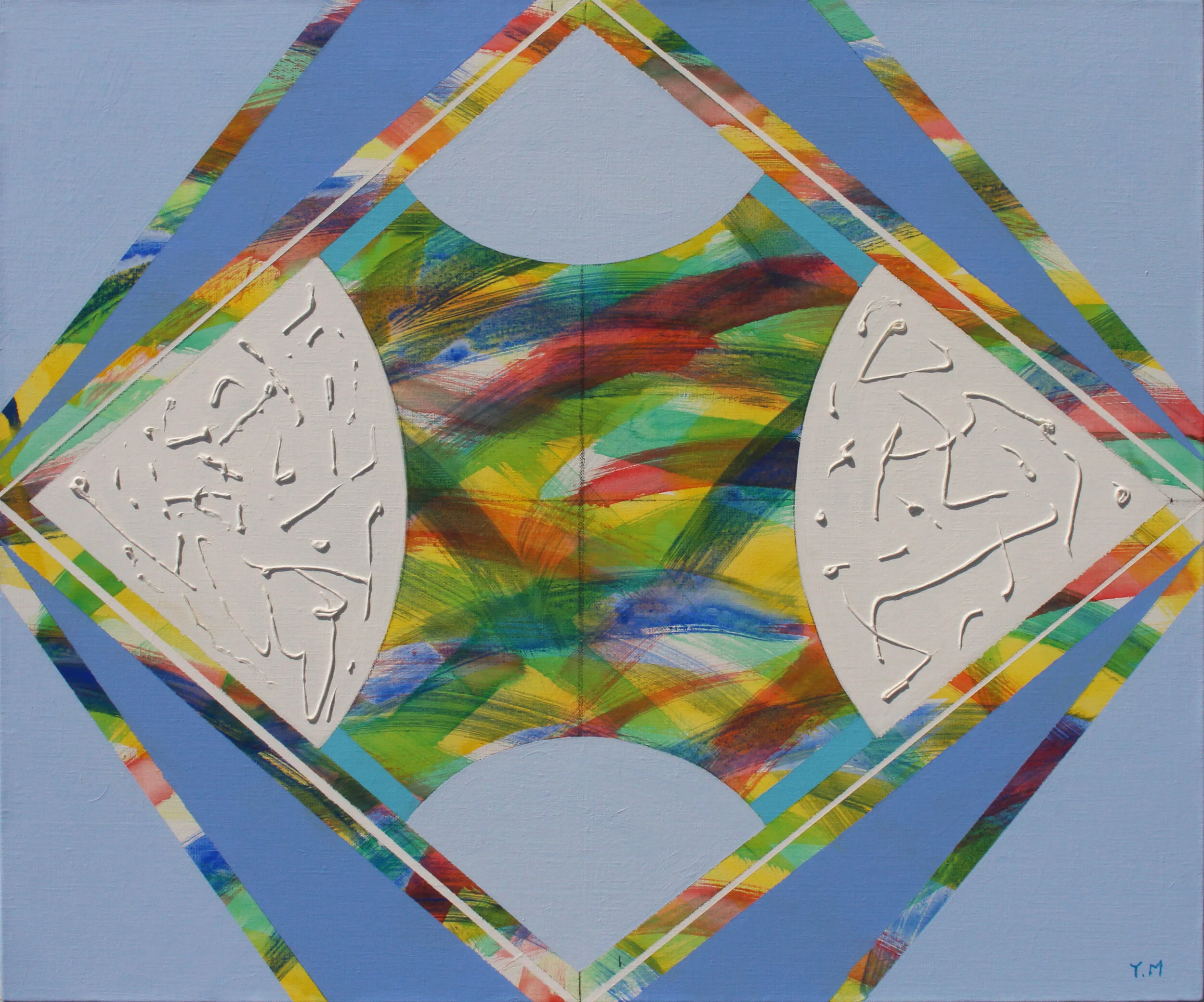 Rainbow Sky B, 2019, Acrylic on Canvas, 24” x 29” Horizontal rolled wall-hung painting with symmetrical rectangles, circles, lines in rainbow color