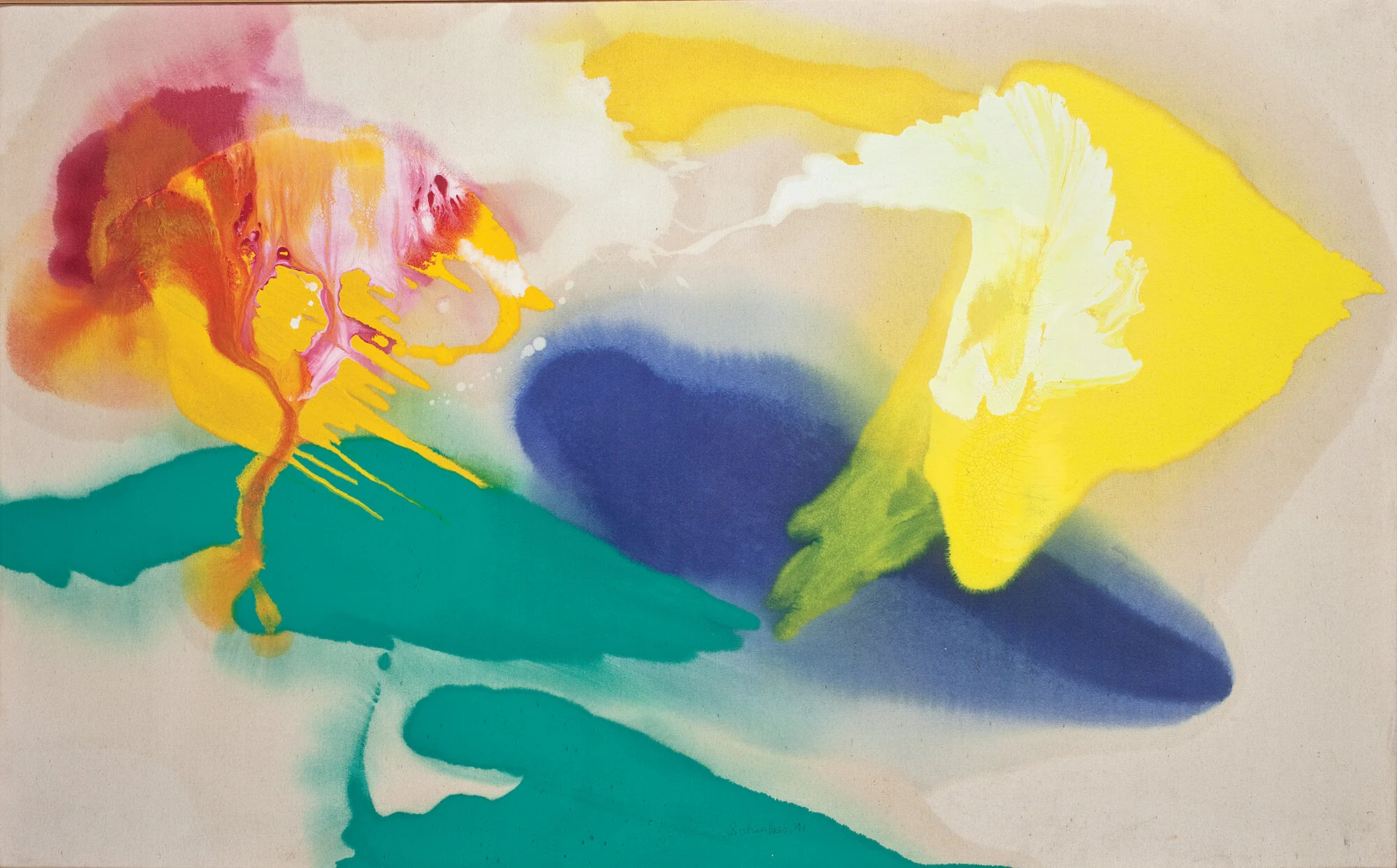 9174 The Islands, 1991, Oil on Canvas, 36” x 58” Poured paint colorfield painting with yellow, blue, green, red on unprimed canvas