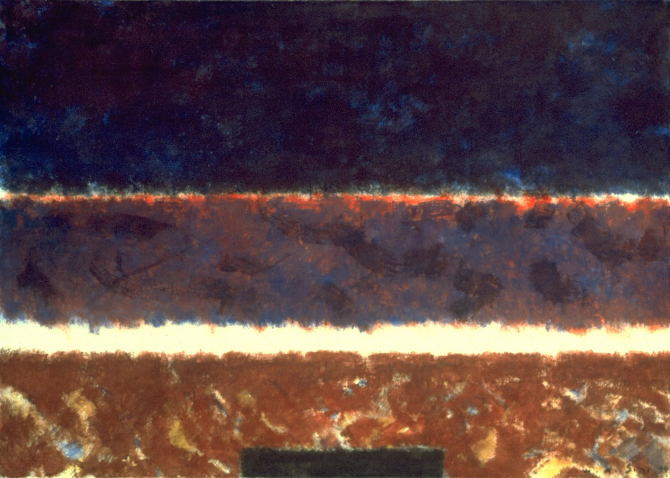 In the Middle Realm III, Acrylic on Canvas, 50” x 70” Colorfield rectangle abstraction with brown in the foreground, with horizon and dark sky