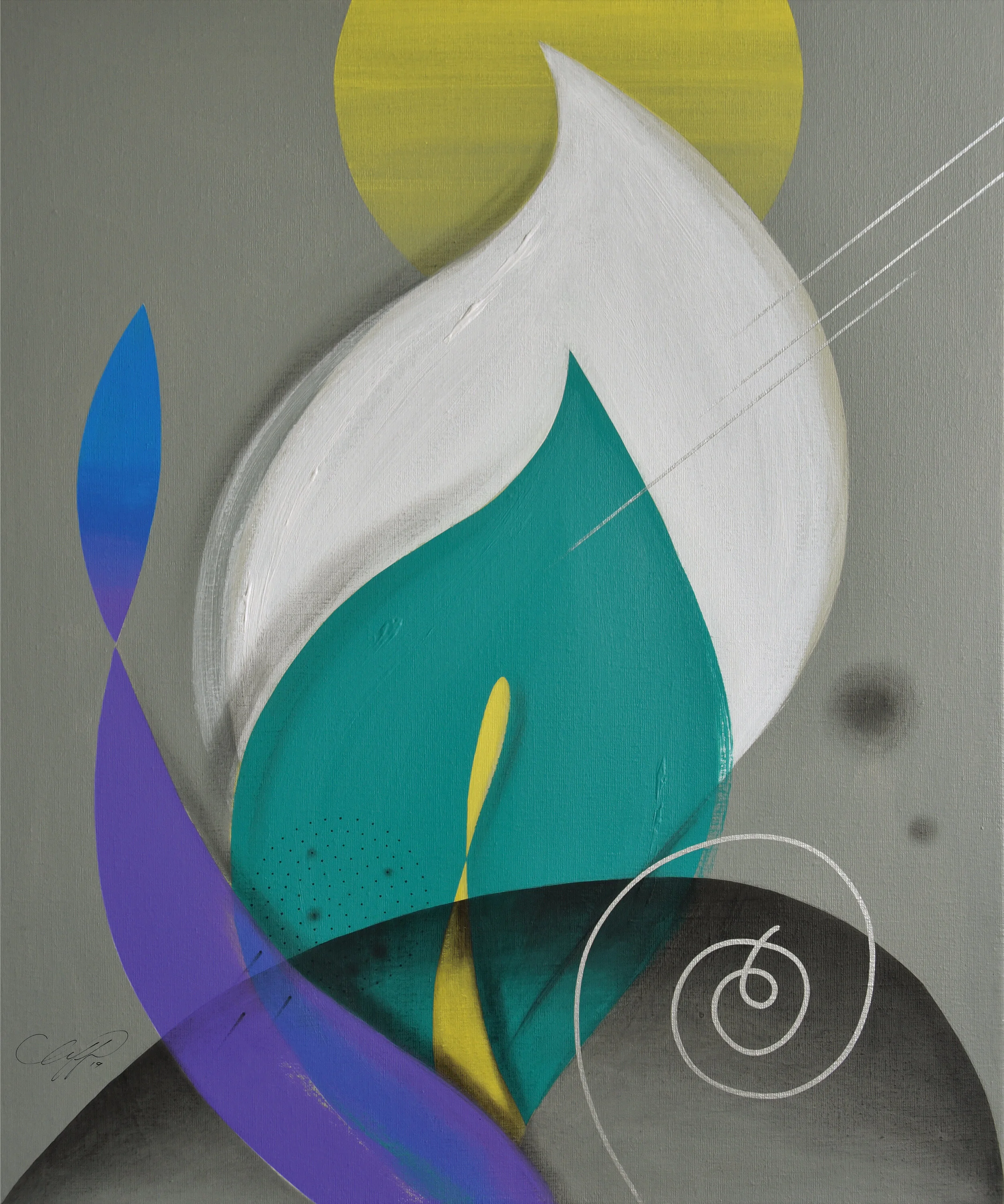 The Beginning of Life No.73, 2019, Acrylic, Charcoal on Canvas, 28”x24” Abstract painting with simplified organic shapes in green, purple, black, white, yellow on gray background