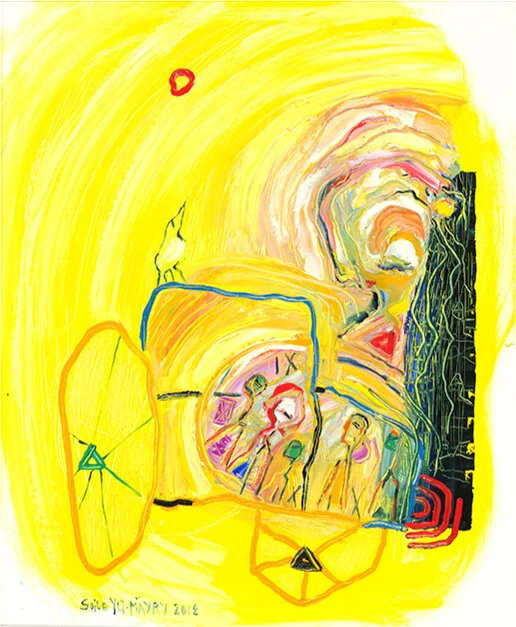 Asphalt Pearl, 2018, Oil on Canvas, 33.5” x 27.6” Line abstract female nordic portraitures ,yellow background , abstract car