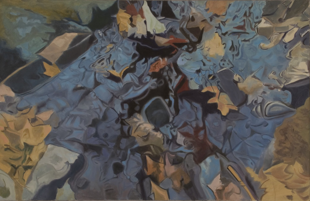 The blue rock, 1984, Oil on linen, 26” x 40” Monochromatic reflected stream pool in blue with shimmering reflections of tree and leaves in brown and tan colors