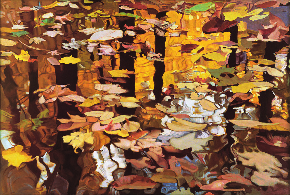Fall Reflections, 1980, Oil on linen, 47” x 70” Monochromatic reflected stream pool in orange with shimmering reflections of tree and leaves in brown, yellow, green and white