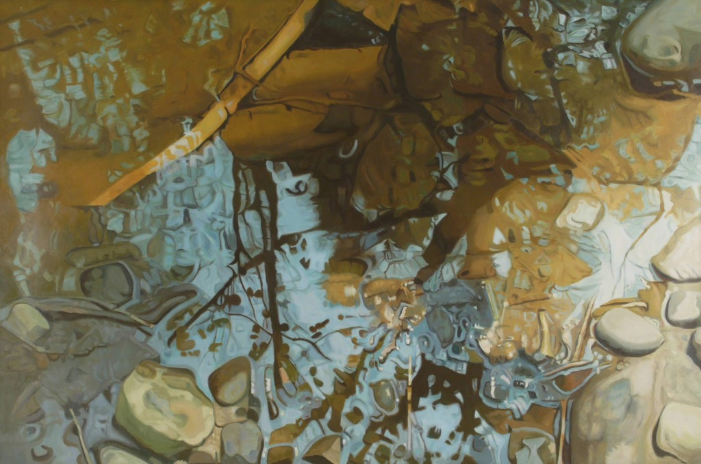 Coruscate, 1982, Oil on linen , 48“ × 72“ Reflected stream pool in blue and brown with shimmering reflections of trees, rocks